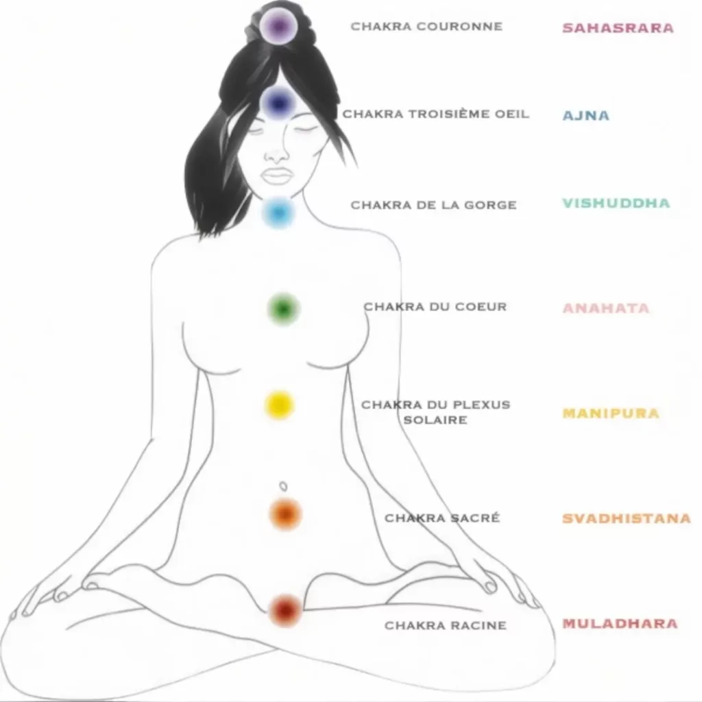 Représentation des 7 chakras principaux sur un corps féminin en position de méditation.