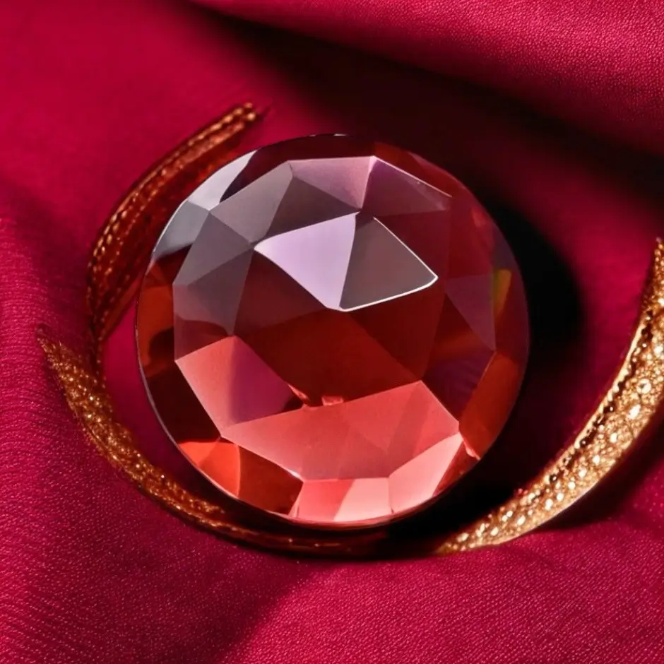 Le grenat, pierre semi-précieuse rouge associée au chakra racine, taillée en forme de diamant, posée sur un tissu rouge satiné avec un ruban doré