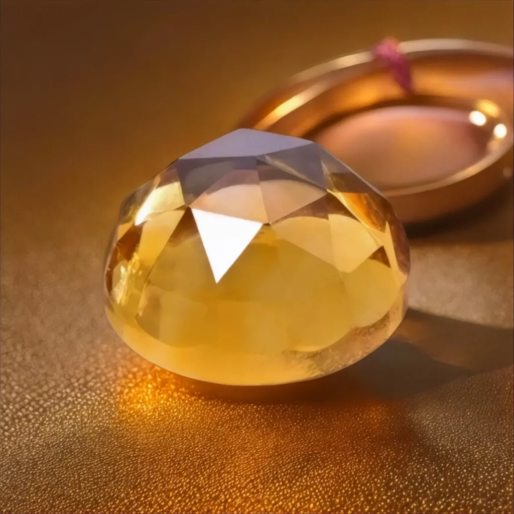 la citrine, Pierre jaune taillée en forme de diamant, placée sur une surface dorée scintillante avec un anneau doré en arrière-plan. Associée au chakra du plexus solaire