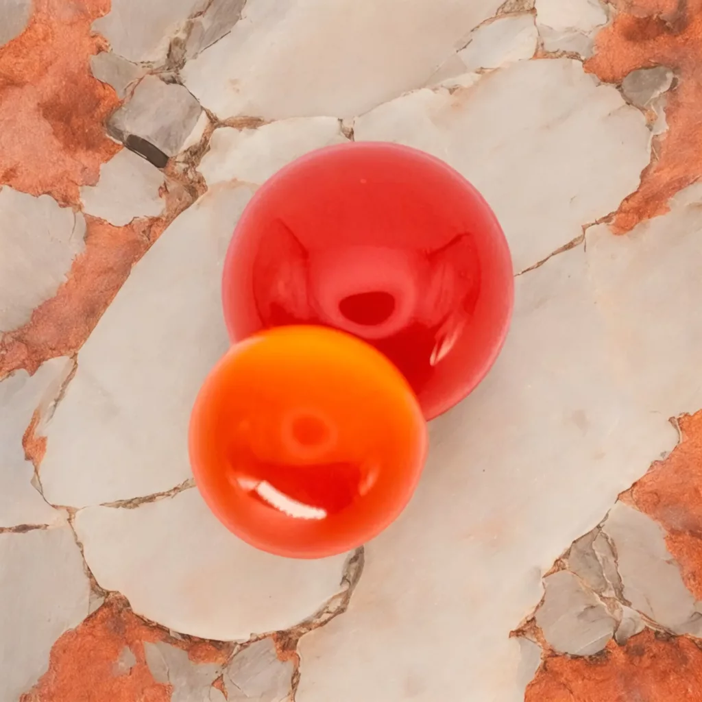 La cornaline, Deux pierres lisses et brillantes, oranges, posées sur un fond texturé en marbre avec des nuances de blanc et de brun. Associées au chakra sacré