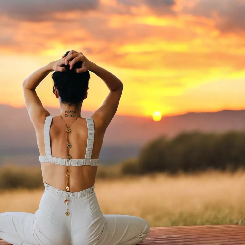 Femme en position de méditation au coucher du soleil, portant un bijou orné de symboles des chakras.